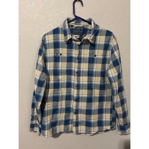 Jachs Button-Down Shirt Mens Washed Flannel Plaid Size XL Blue Cream 100% Cotton - Picture 1 of 6